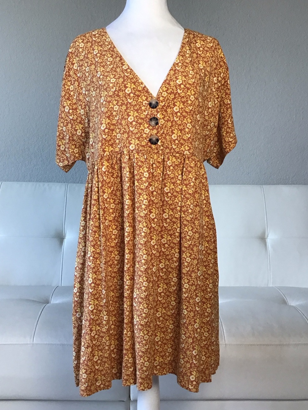 Madewell Mustard Floral V-Neck Button Front Dress